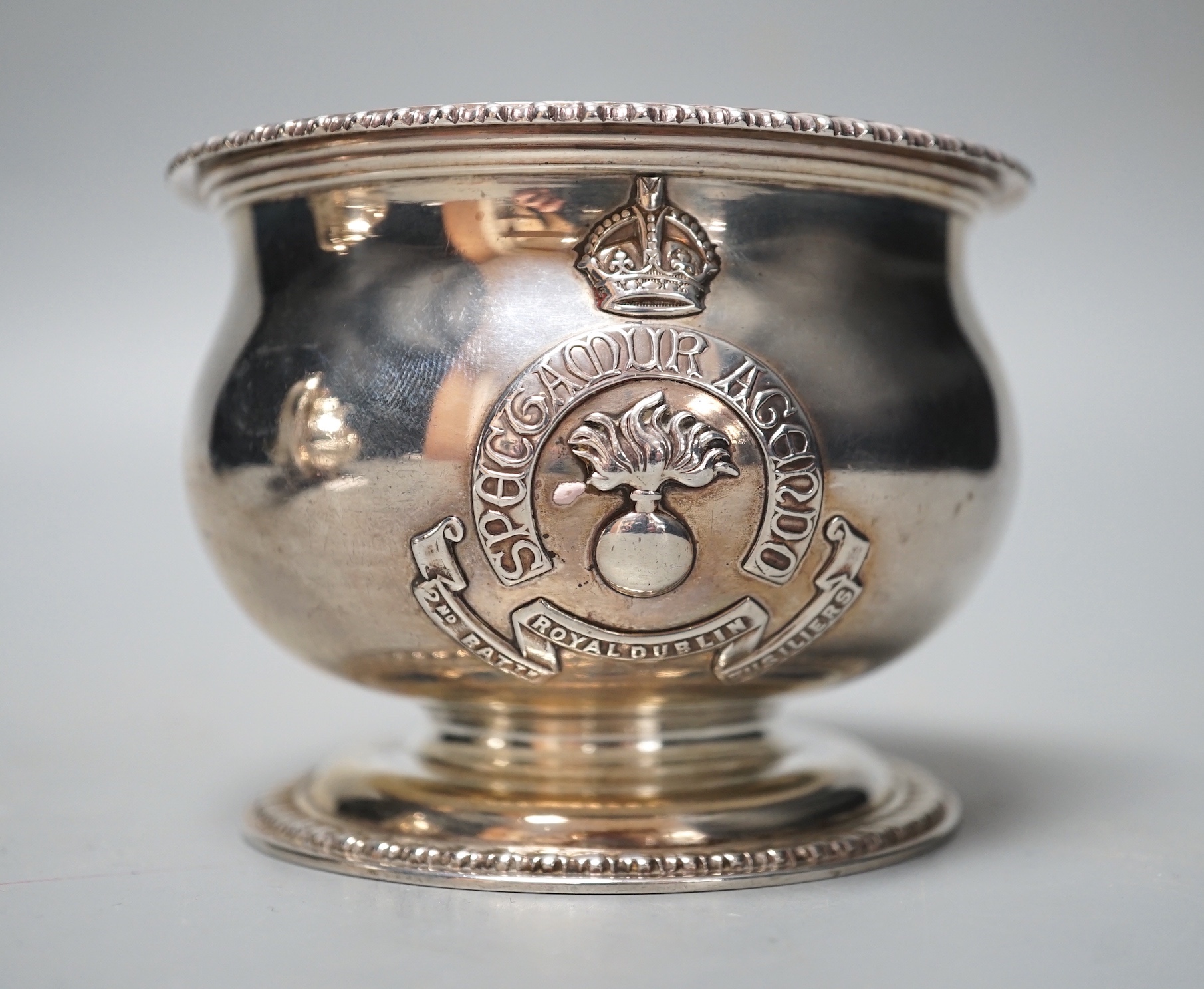 An Edwardian silver 'Royal Dublin 2nd Batt. Fusiliers' sugar bowl, William Hutton & Sons, London, 1904, diameter, 96mm, 7oz.